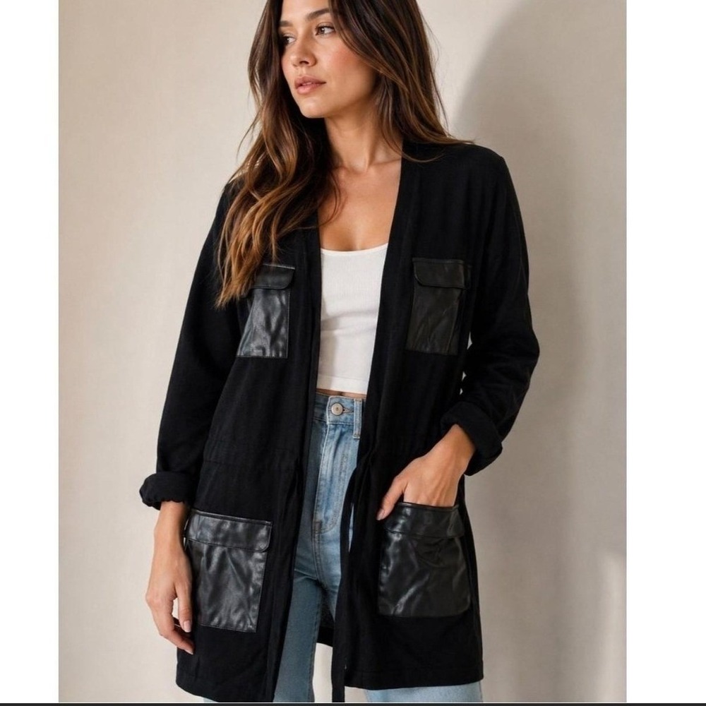 Calvin Klein Black Tie Waist Cardigan Faux Leather Pockets M2HS6757 Small